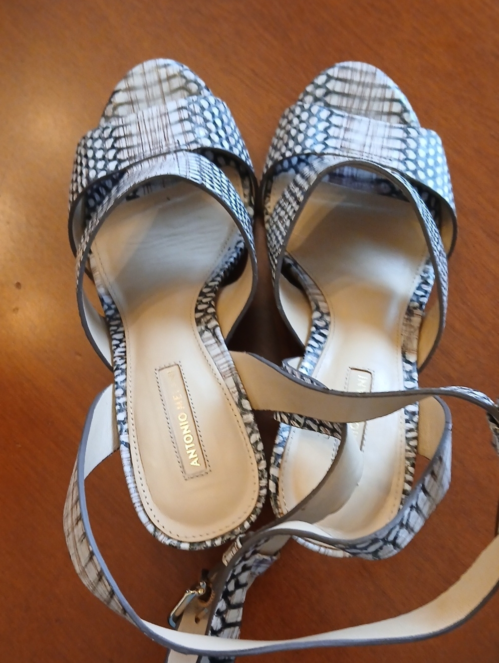ANTONIO MELANI White Snake-Print Ankle Strap Sandals, Size 8 1/2 M